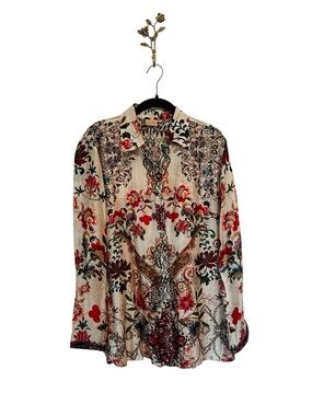 CIENNA Silk Button Up Blouse Floral Cherry Print Preppy Summer Office